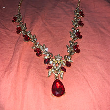 Gold Tone Red & Clear Rhinestone Crystal Teardrop Pendant Rope Necklace Pearl Necklace price