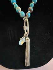 Bomb Party Pendant Statement Necklace with Blue Bead, Crystal Tassel, and Carabi Pearl Necklace price