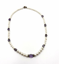 White Pearl Beaded Necklace w/ Purple Accent Beads Lobster Clasp Pearl Necklace price