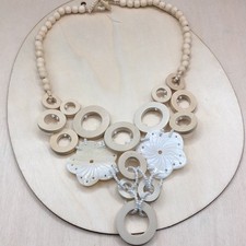Beige & White Wood Shell Beaded Statement Necklace Toggle Adjustable Pearl Necklace price