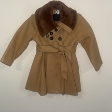 SHEIN Girls Double Breasted Belted Dress Coat Faux Fur Collar Camel Size 4 Girls' Overcoat price