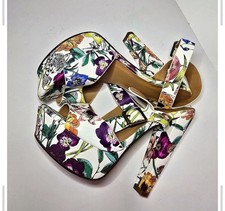 Floral Print Platform Block Heels with Ankle Strap -White Multicolor, Size 7 1/2 Platform Shoes price