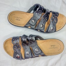 Clarks Collection Black Leather Triple Strap Adjustable Slide Sandals 6.5 Women's Slippers and Sandals price