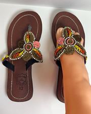 Women’s Brown/Multicolor handmade beaded African slippers Slip-On US 10.5 Women's Slippers and Sandals price