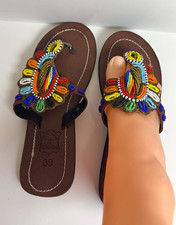 Women’s Brown/Multicolor Handmade Beaded Thong Leather SlipOn slippers US 8.5 Women's Slippers and Sandals price