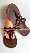 Women’s Brown/Multicolor Floral handmade beaded Slip-On Flat slippers US 9.5 Women's Slippers and Sandals price