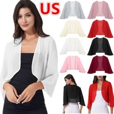 US Women's 3/4 Sleeve Shrugs Cropped Cardigan Chiffon Bolero Open Front Jacket Bolero price