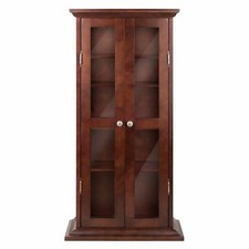 Walnut Finish Wooden Media Cabinet 5 Shelf CD DVD Storage Tower Glass Door Stand CD - DVD Shelf / Unit / Cabinet price