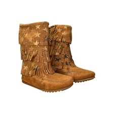 Girl's Minnetonka 3-Layer Fringe Boot, Brown Suede and Gold Stars Girls' Booties price