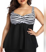 TOP ONLY Plus Size Black Tankini Swim Top with Black & White Twist Stripe Bust Tankini price