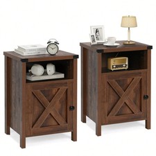 Set of 2 Farmhouse Nightstands w/ Barn Door Storage Cabinet End Tables Dark Oak Office Nightstand price
