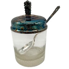 Vtg Glass Jam Jar Honey Pot with Silverplate Lid and Spoon 1881 Rogers Oneita Honey and Jam price