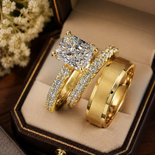 3 Ct Radiant Cut Trio Ring Bridal Set Moissanite Wedding 14k Yellow Gold Plated Gold Ring price