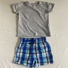 0-3 Month Blue Plaid Shorts And Gray T-shirt Outfit For Baby Summer Baby T-shirt price