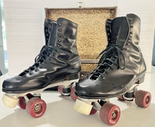 Vtg Black Leather High Boot Roller Derby Skates Men's 9.5 w/Original Case Skates price