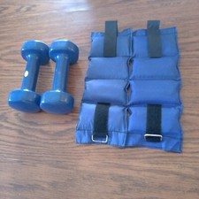 Vintage 4 pc Set, 2-5lb Rubber Dumbbell Hand Weight, 2 Strap Ankle weight 2.5lb Dumbbells & Hand / Ankle Weights price