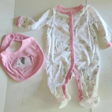 NEW 2 Piece Set Pink / White Cotton Sleep & Play Bodysuit & Matching Cotton Bib Baby Sleep Set price