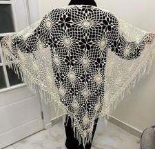 Vintage Boho Crochet Floral Triangle Shawl Wrap Ivory Fringe Festival Beach Cove Shawl price