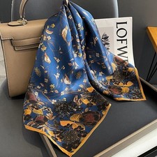 New Silk Scarf Women Vintage Blue Leaves Kerchief Square Bandana Wrap Shawl price