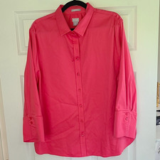 Chico's No-Iron Stretch Blouse Size 4 Pink Solid Button-Up Long Sleeve Collar Blouse price
