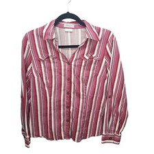 Van Heusen Womens Sz M Pink White Striped Long Sleeve Stretch Button Down Blouse Blouse price