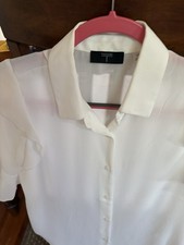 Tahari White Solid Collared Button-Up Blouse Short Sleeve Ruffle Accent Blouse price