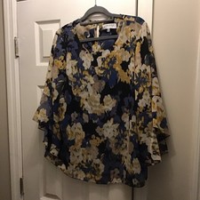 Kasper Women's Blue Floral Chiffon Blouse Scoop Neck 3/4 Bell Sleeves Ruffle Blouse price