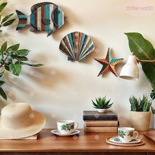 3Pcs Coastal Beach Wooden Wall Decor 2D Flat Ocean Fish Shell Starfish Hanging Wooden Wall Art price