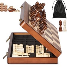 15" Magnetic Wooden Chess Checkers Set Folding Portable Chess Game Board Travel Chess price
