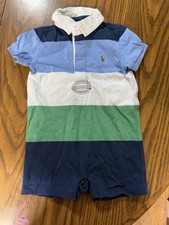 Ralph Lauren Boys 9M Striped Polo Romper Cotton Knit Short Sleeve Button Boys' Jumpsuit price