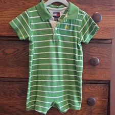 Tommy Hilfiger Baby Boys 12-18M Green/White Striped Collared Crab Romper Boys' Jumpsuit price