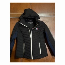Tommy Hilfiger Womens Small Hooded Puffer Jacket Full Zip Black Blue White Women's Coat price