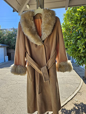Women's Penny Lane Style Long Tan Overcoat M Faux Fur Collar & Cuffs Belted Tie Women's Coat price