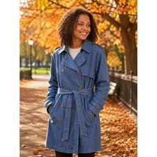 New York & Company Denim Trench Coat Women's XL Blue Belted Double Breasted Women's Coat price