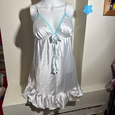 Vintage Y2k Babydoll Chemise Coquette Satin Ruffle White Blue Lingerie Small Babydoll price