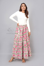 Women Floral Block Printed Cotton Maxi Long Skirt with Elastic Waist - Multi Skirt price