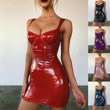 Women's Latex Faux Leather Bodycon Mini Dress Summer Sleeveless Strap Sexy Tops Women's Leather Clothing price