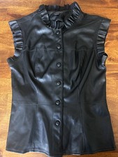 Marc New York by Andrew Marc Black Faux Leather Ruffle Trim Top Women's Leather Clothing price