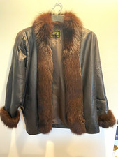 Roxciticus Vintage 60s Women's Black Leather Jacket Brown Fur Trim Collar Cuffs Women's Leather Clothing price