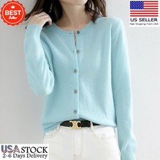Women Cardigan Solid Color Sweater Cashmere Blend Simple Crew Neck Jacket Coat Women's Cardigan price