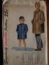 SIMPLICITY 2347 VINTAGE 1950'S BOYS OVERCOAT & CAP PATTERN SIZE 4 Boys' Overcoat price