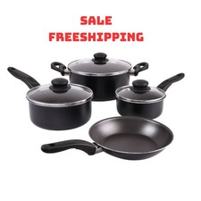 New Mainstays 7 Piece Non Stick Aluminium, Pots and Pans Cookware Set, Black Pot / Pan Sets price