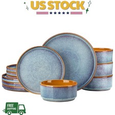 NEW 12PC Ceramic Dinnerware Set for 4 Reactive Glaze Blue Dishwasher Safe Dinnerware Set price