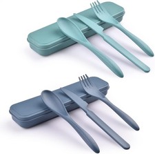 2 Sets Wheat Straw Utensil Set with Case, Reusable Fork Knife Spoon, Green Blue Fork / Spoon / Knife Sets price