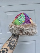 The Prairie Misfit Patchwork Quilt Hat Faux Fur Trim One Size Handmade Women's Hat price