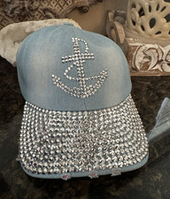 Women's Blue Denim Baseball Cap Rhinestone Anchor Nautical Adjustable Hat #Beach Women's Hat price