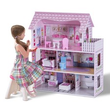 28" Pink Dollhouse w/ Furniture Gliding Elevator Rooms 3 Levels Young Girls Toy Toy Houses price