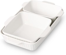 Set of 3 Nesting Ceramic Rectangular Deep Baking Dishes w/ Handles Soft White Trays / Baking Dishes price