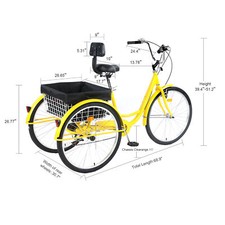 26" Adult Tricycle Trike 3 Wheels Bicycle Single 1 Rear Basket Mint Yellow Tricycles price