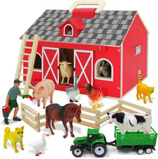 Farm Animal Toys with Portable Large Wooden Barn for Kids 3+ Years Old, 10 PCS F Wooden Toys price